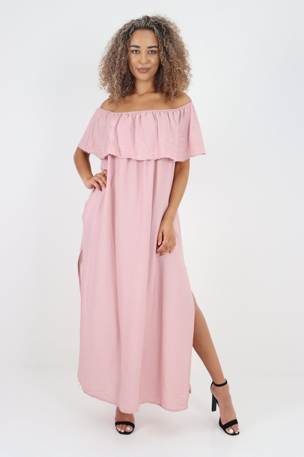 Italian Bardot Frill Layered Double Side Slit Maxi Dress