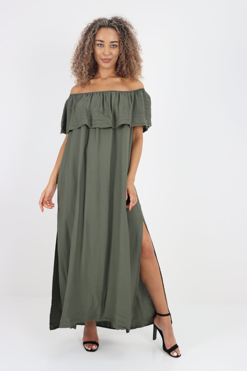 Italian Bardot Frill Layered Double Side Slit Maxi Dress