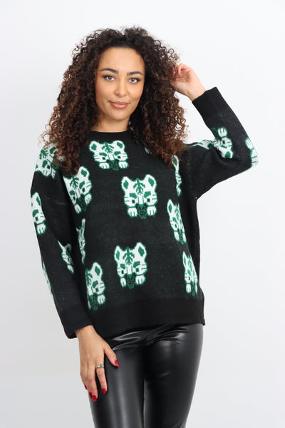 Italian Tiger Print Round Neck Longsleeve Jumper Top