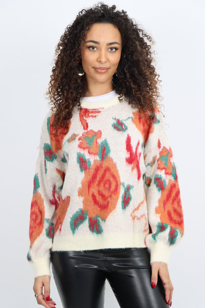 Italian Rose Print Round Neck Longsleeve Jumper Top