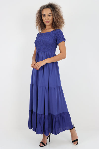 Italian Off Shoulder Shirred Elasticated Tiered Maxi Dress