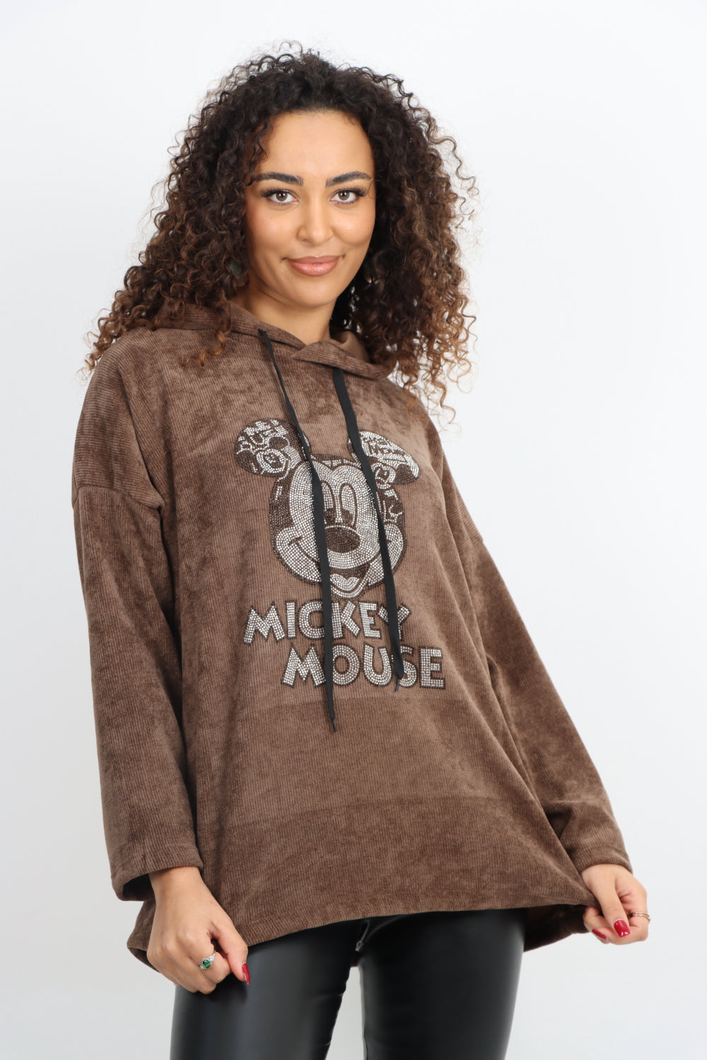 Italian Corduroy Mickey Print  Hooded Longsleeve Tunic Top