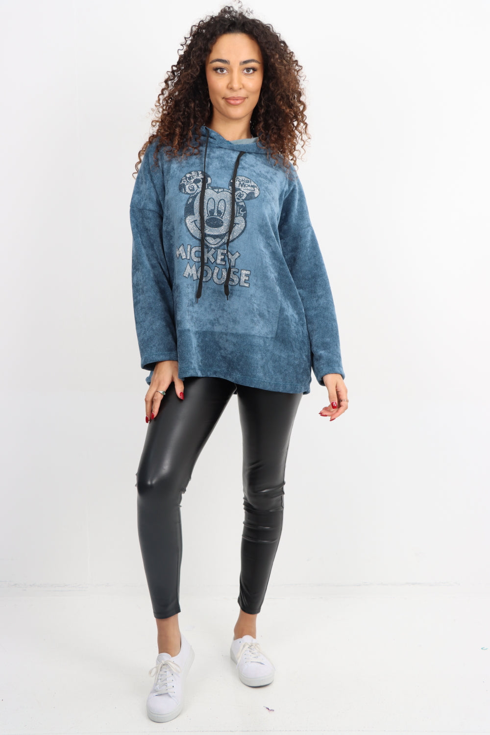 Italian Corduroy Mickey Print  Hooded Longsleeve Tunic Top