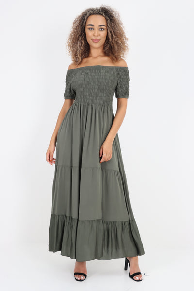 Italian Off Shoulder Shirred Elasticated Tiered Maxi Dress