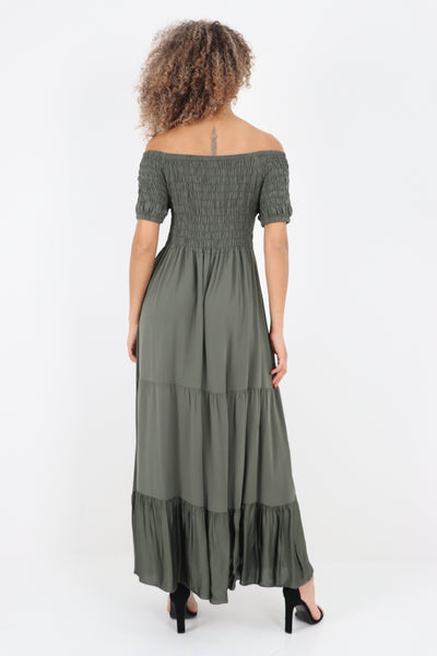 Italian Off Shoulder Shirred Elasticated Tiered Maxi Dress