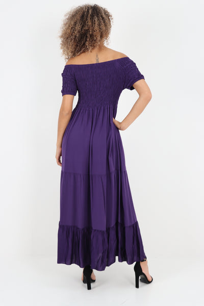 Italian Off Shoulder Shirred Elasticated Tiered Maxi Dress