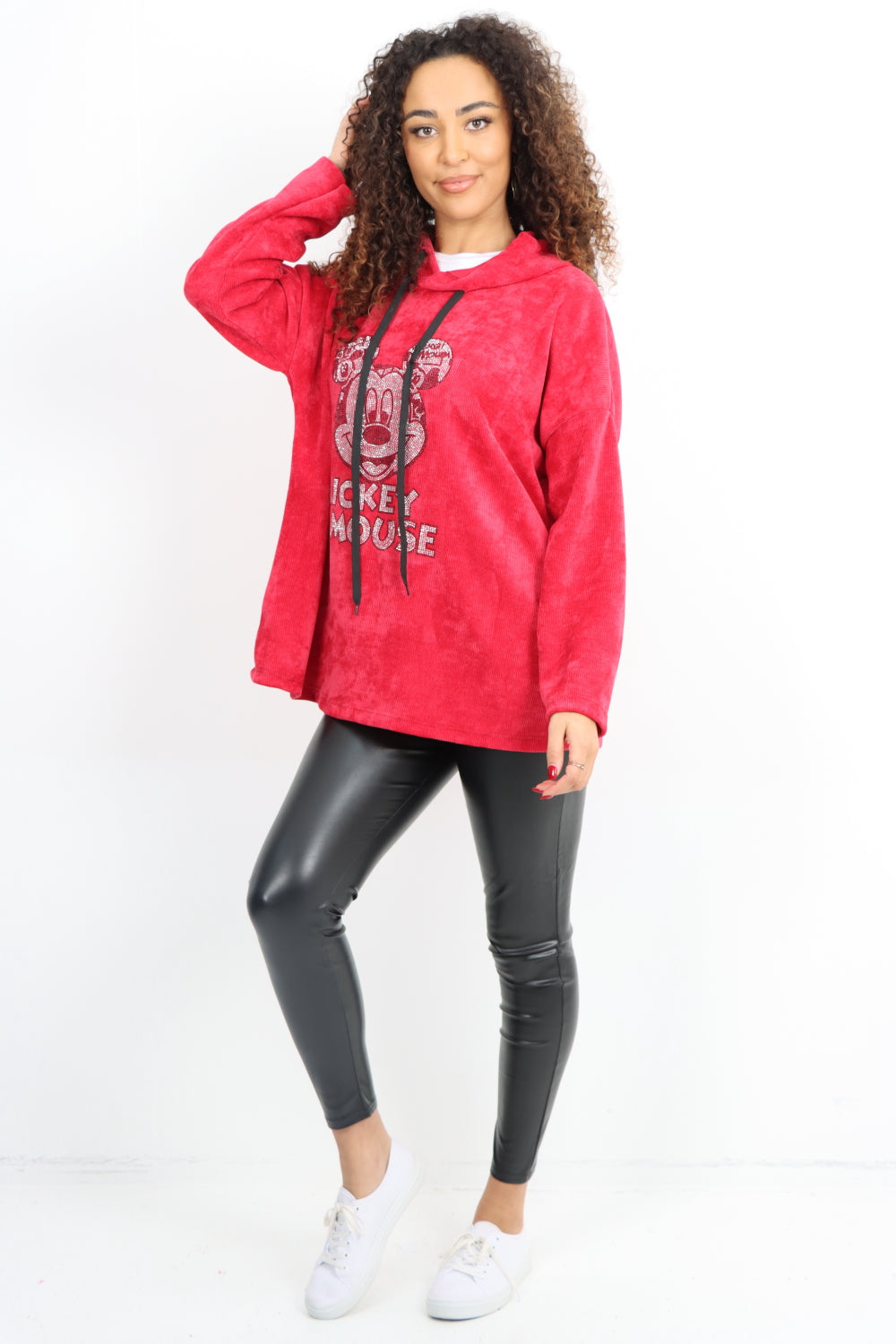 Italian Corduroy Mickey Print  Hooded Longsleeve Tunic Top