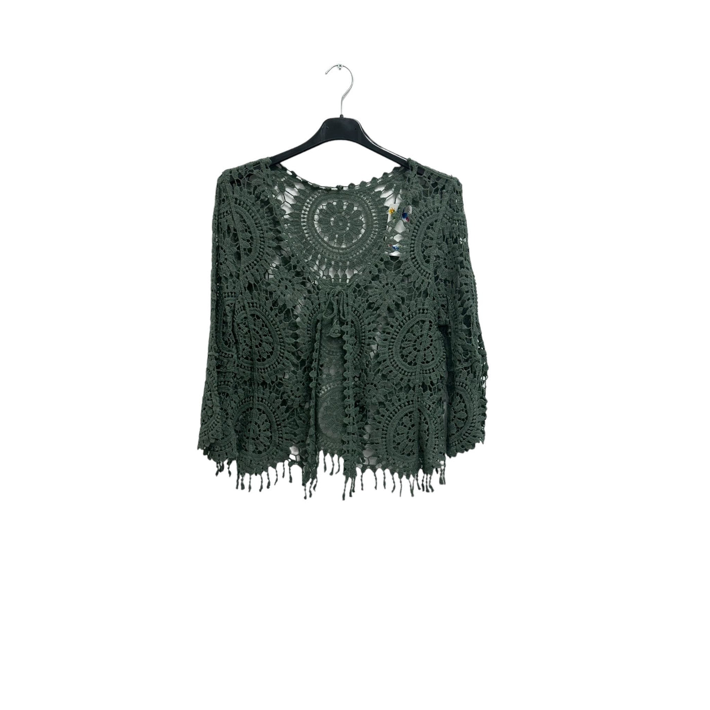 Italian Crochet Lace Shrug Pattern Fringe Hem Tie Front Cardigan