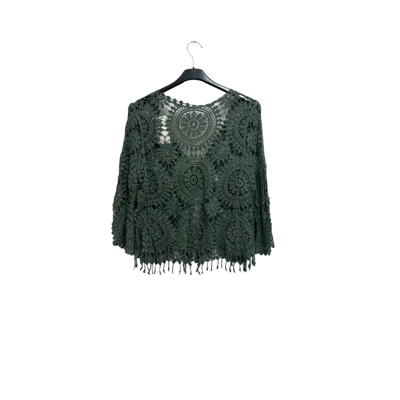 Italian Crochet Lace Shrug Pattern Fringe Hem Tie Front Cardigan