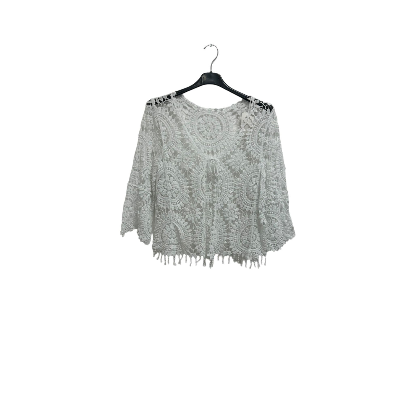 Italian Crochet Lace Shrug Pattern Fringe Hem Tie Front Cardigan