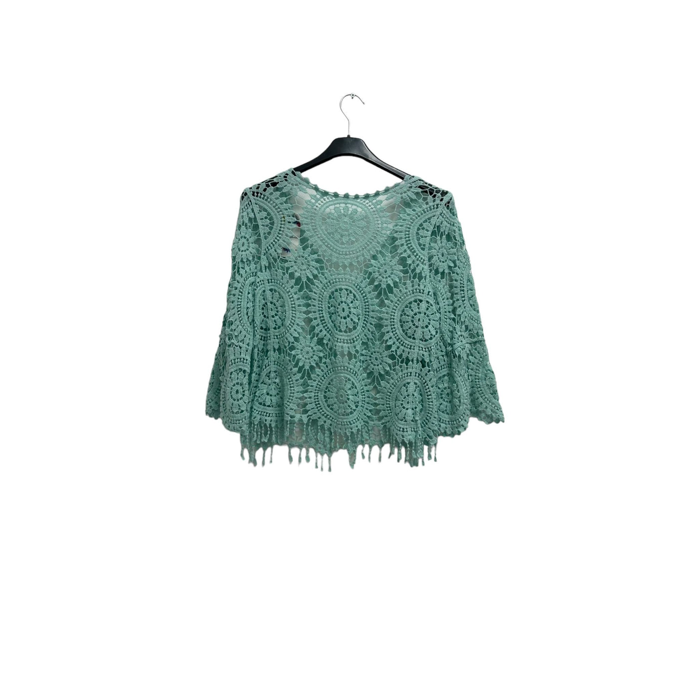 Italian Crochet Lace Shrug Pattern Fringe Hem Tie Front Cardigan