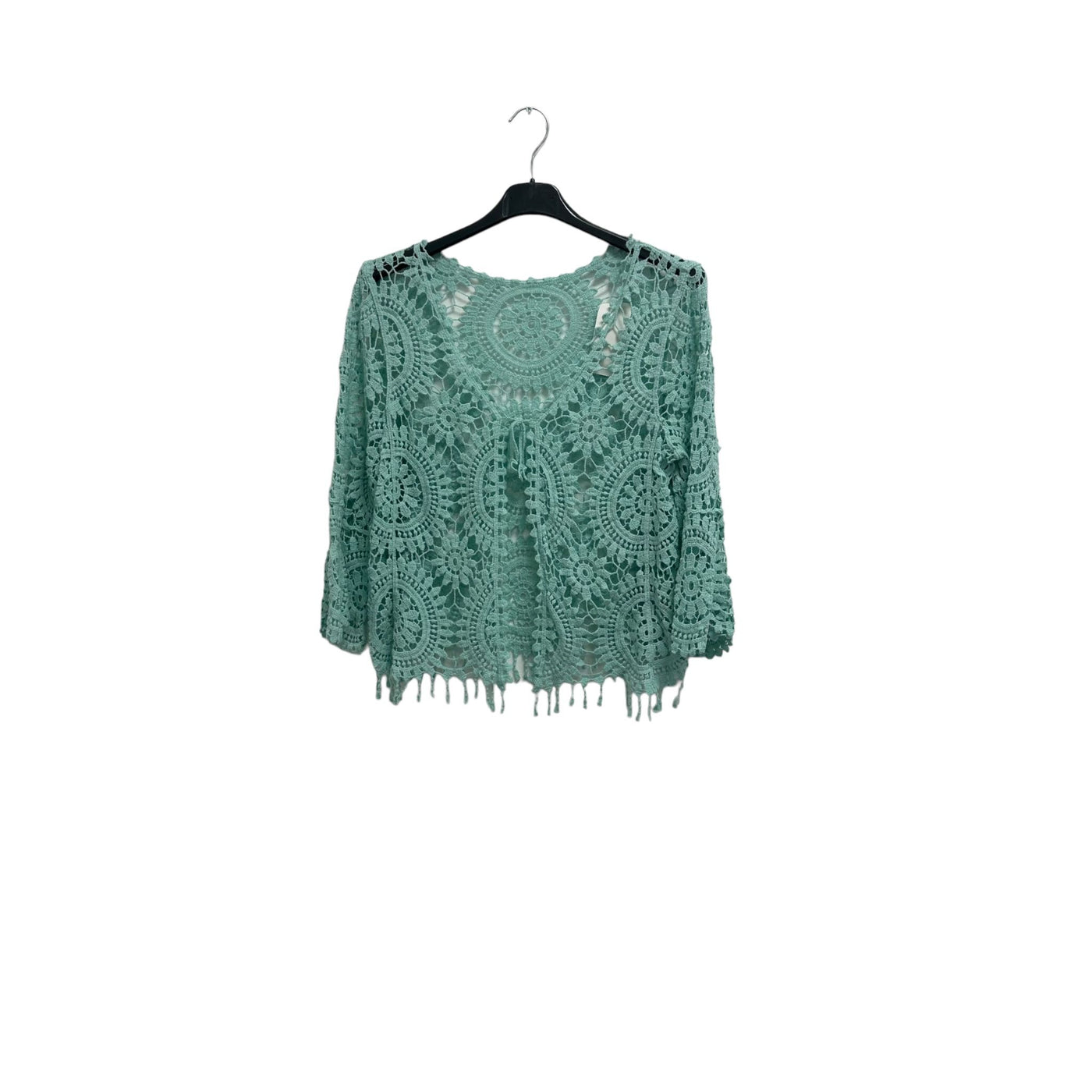 Italian Crochet Lace Shrug Pattern Fringe Hem Tie Front Cardigan