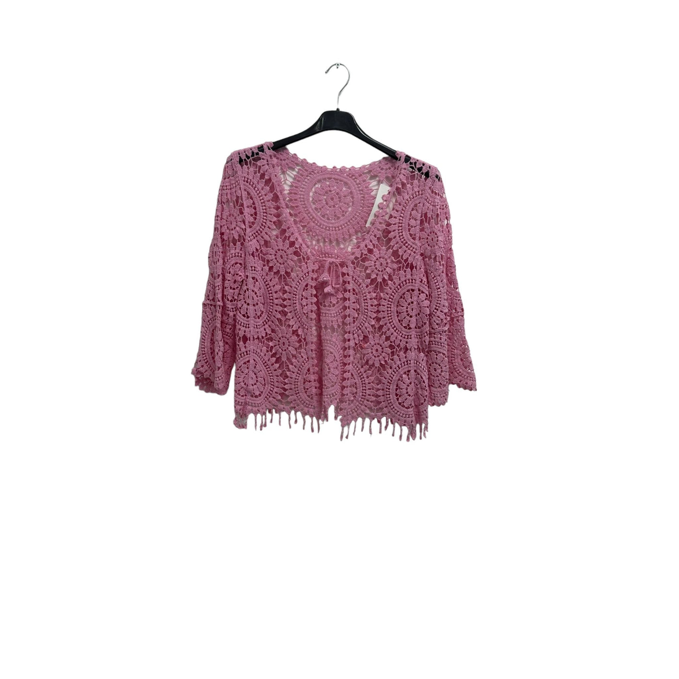 Italian Crochet Lace Shrug Pattern Fringe Hem Tie Front Cardigan