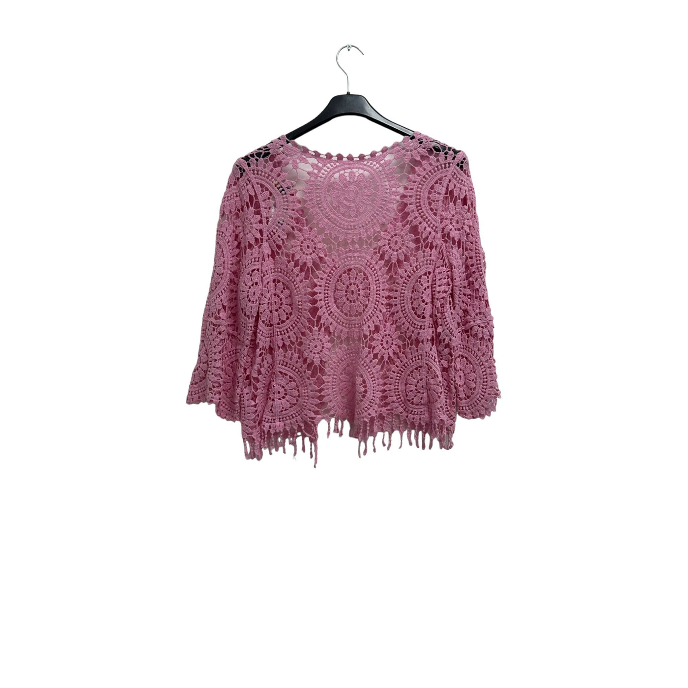 Italian Crochet Lace Shrug Pattern Fringe Hem Tie Front Cardigan