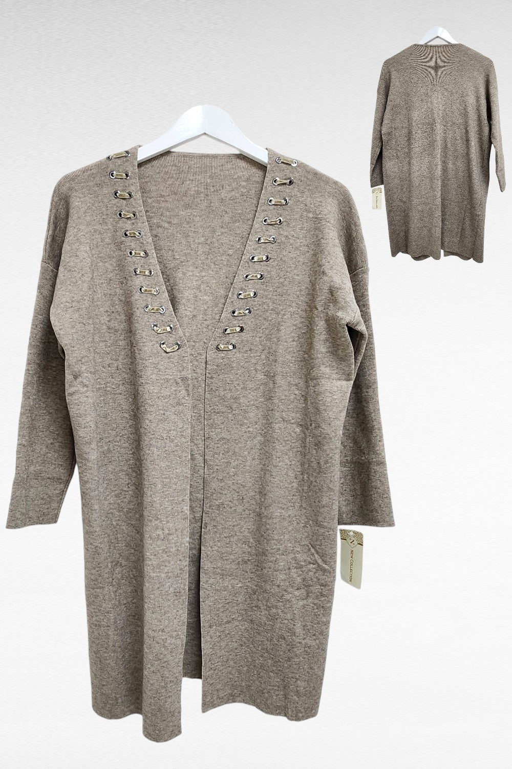 Italian Open Front Stitch Detail Neck Longsleeve Cardigan