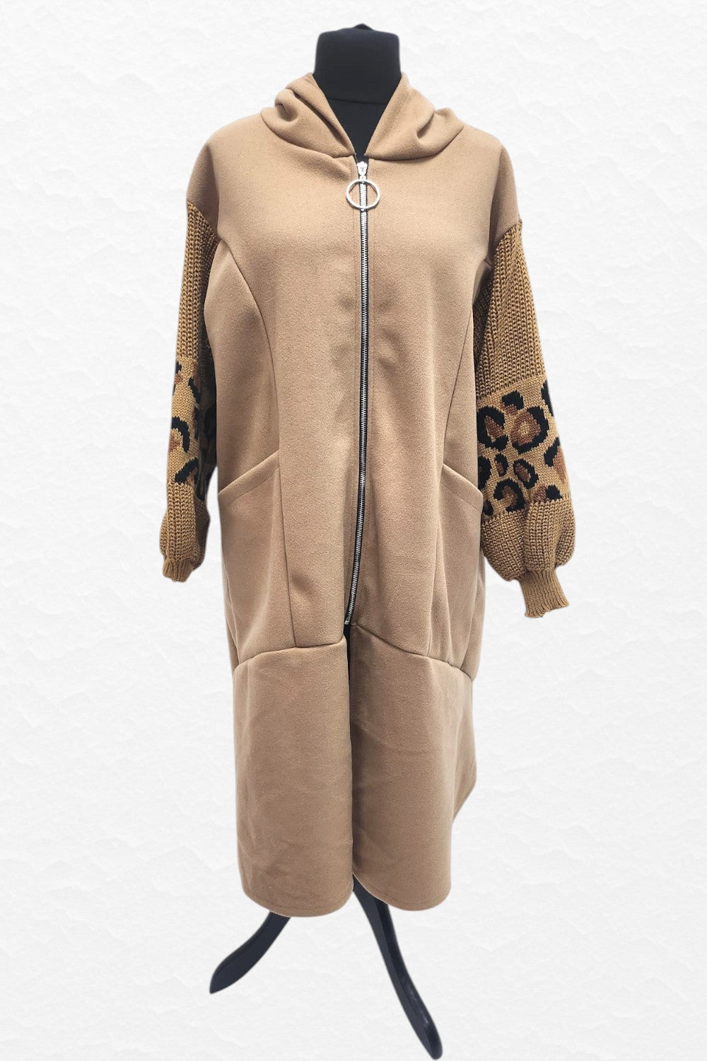 Italian Leopard Print Knitted Sleeve Hooded Zip Up Suede Jacket