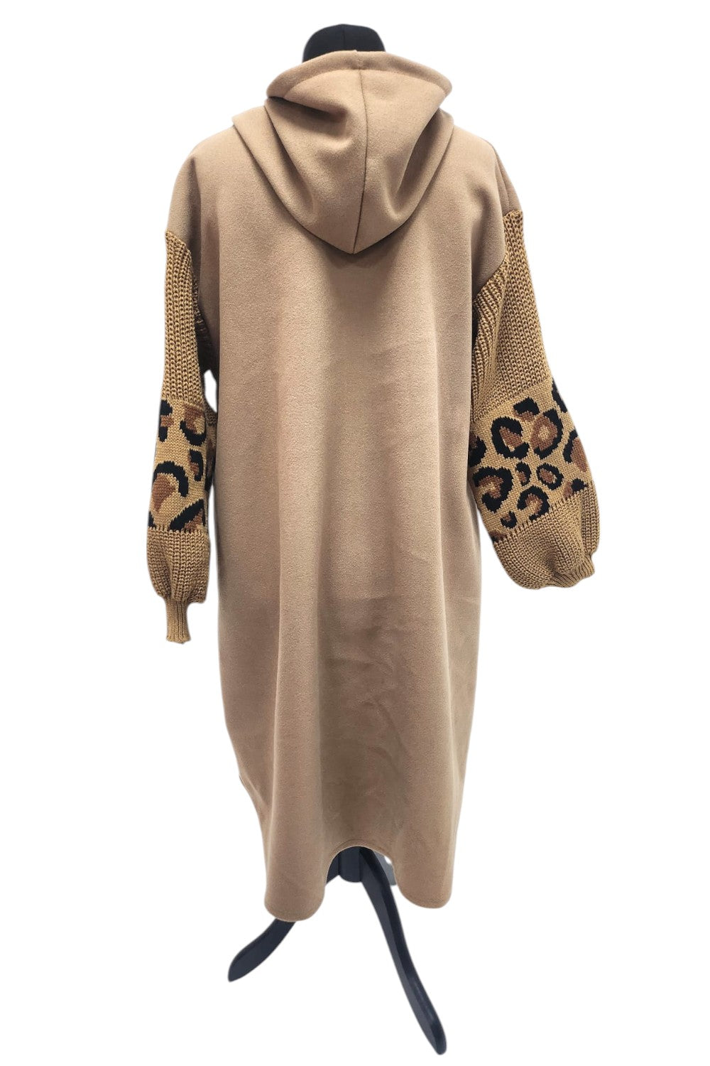 Italian Leopard Print Knitted Sleeve Hooded Zip Up Suede Jacket