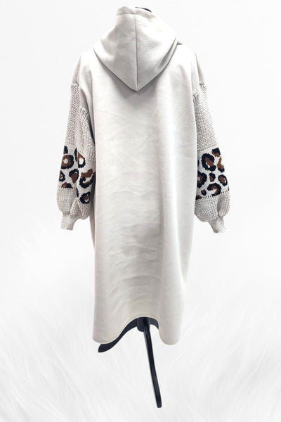 Italian Leopard Print Knitted Sleeve Hooded Zip Up Suede Jacket