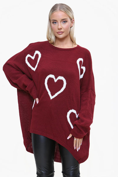 Italian Chunky Knit All Over Heart Print Jumper Top