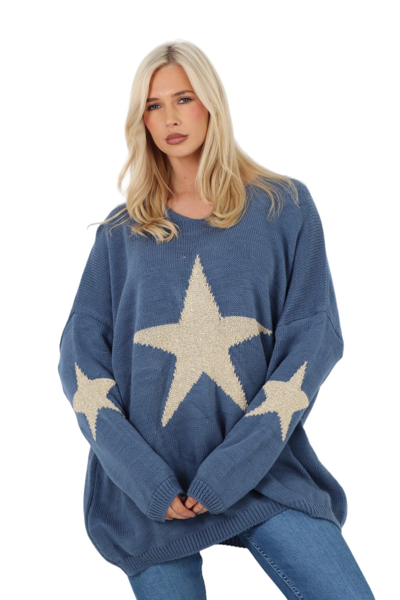 Oversized Sparkle Star Print Sleeve Knitted Jumper Top