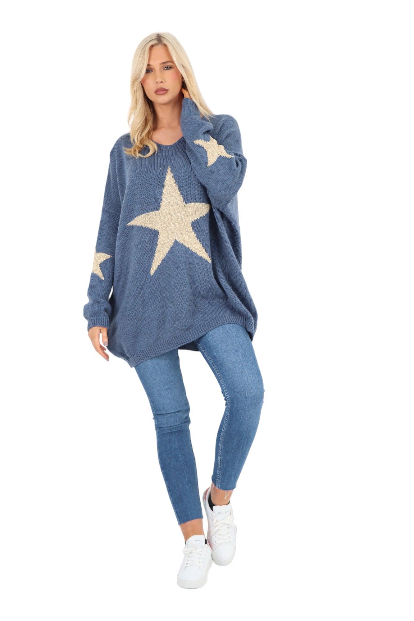 Oversized Sparkle Star Print Sleeve Knitted Jumper Top