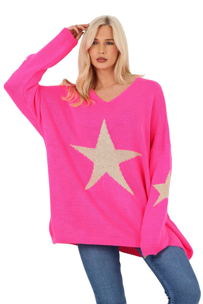 Oversized Sparkle Star Print Sleeve Knitted Jumper Top