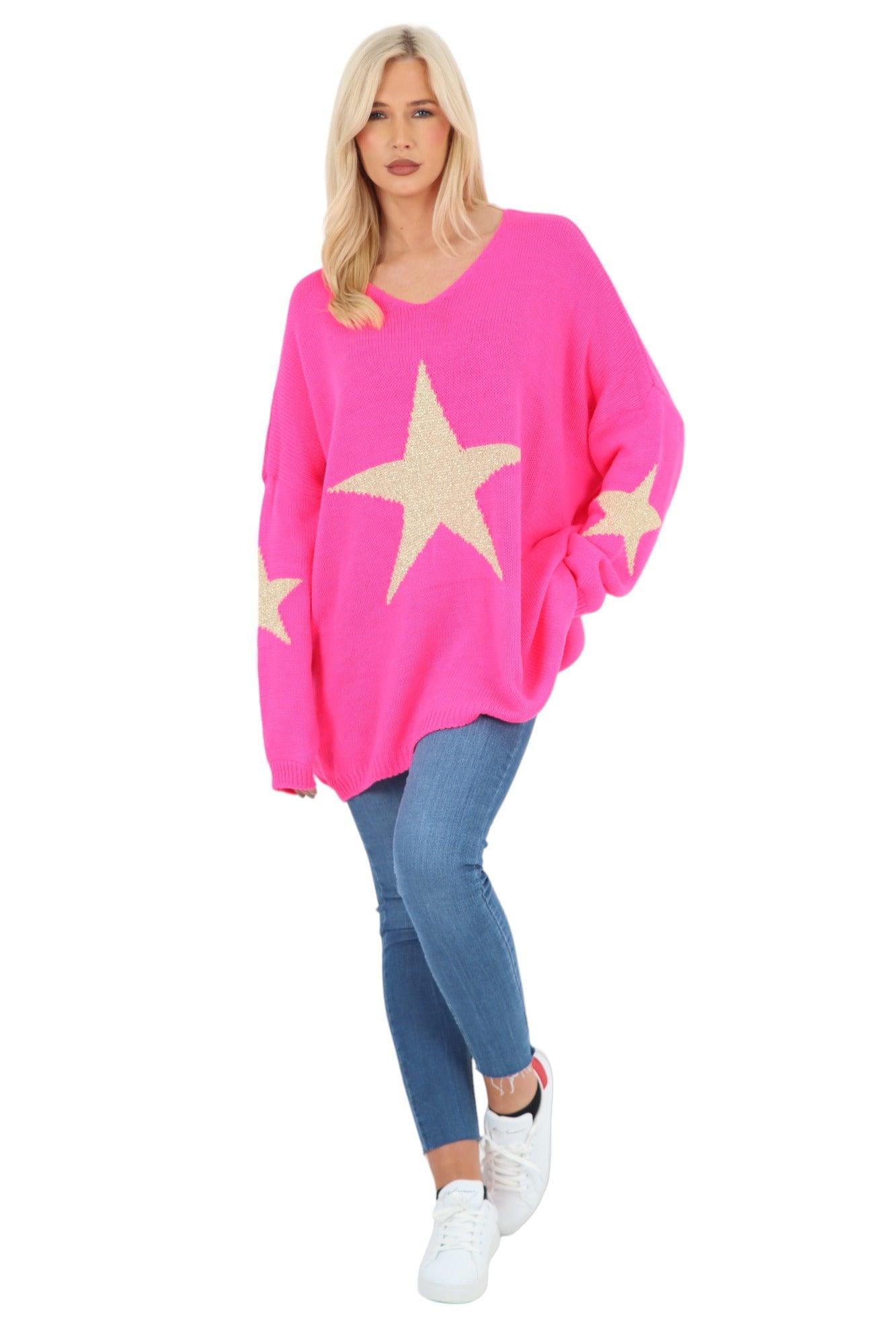 Oversized Sparkle Star Print Sleeve Knitted Jumper Top