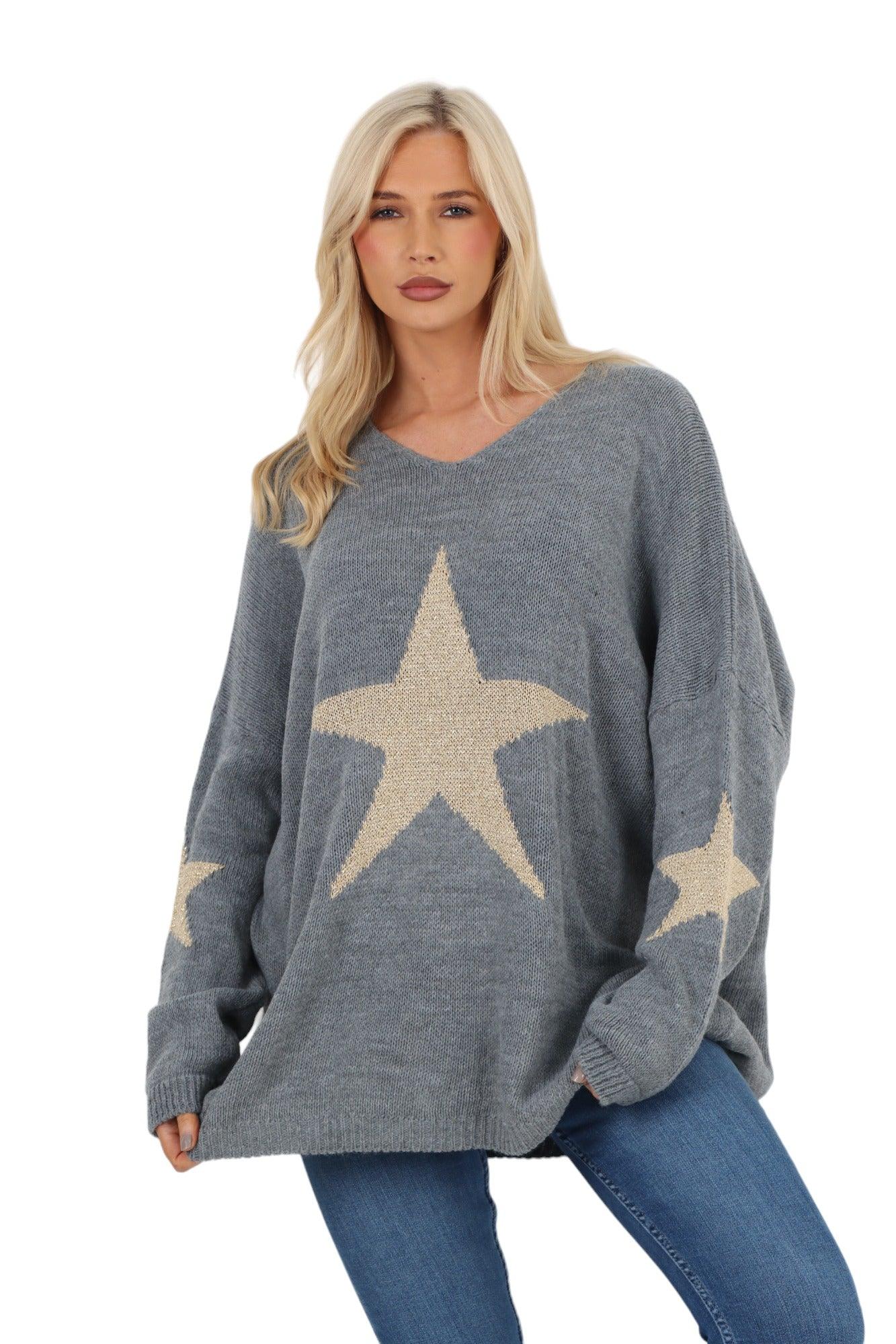 Oversized Sparkle Star Print Sleeve Knitted Jumper Top