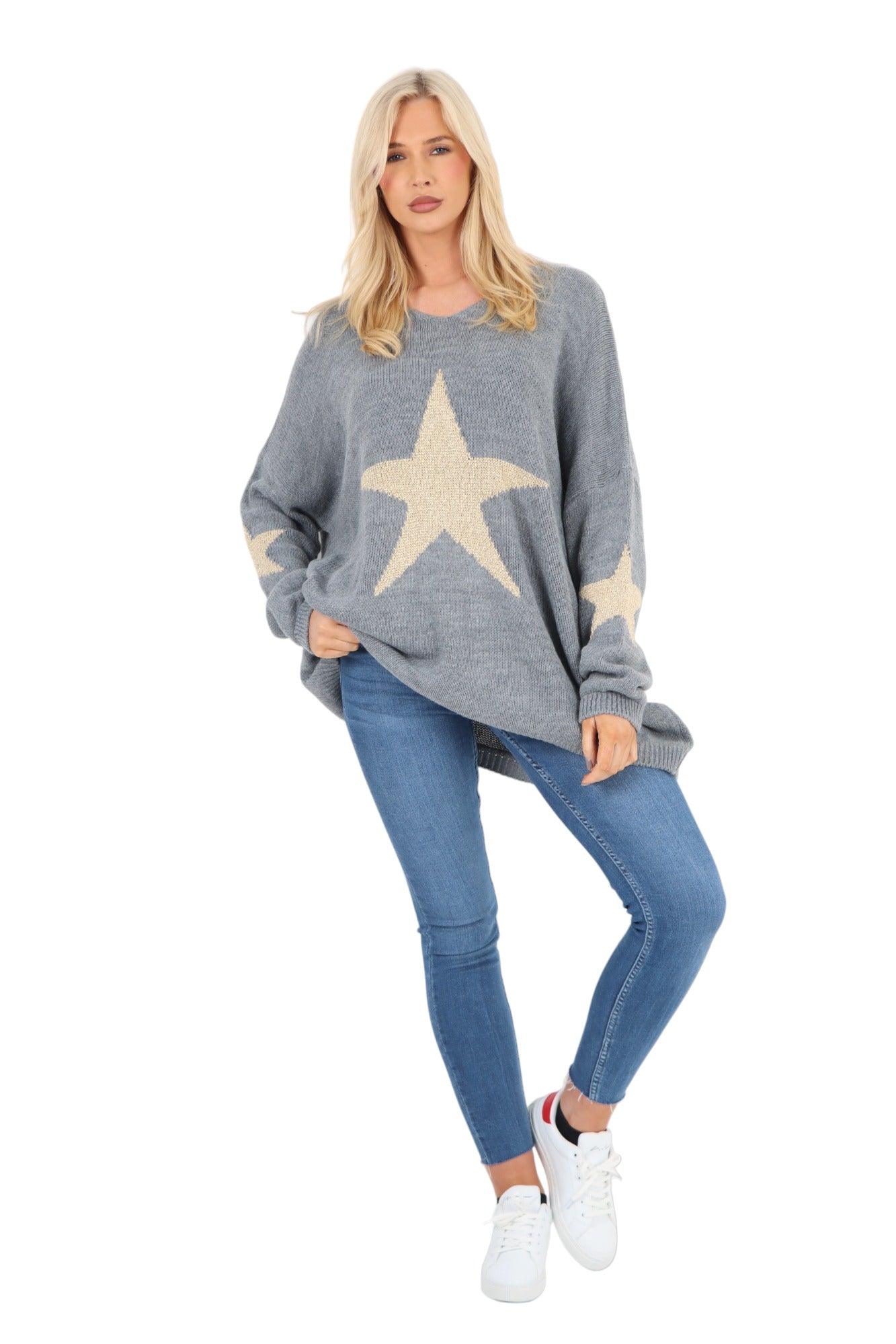 Oversized Sparkle Star Print Sleeve Knitted Jumper Top