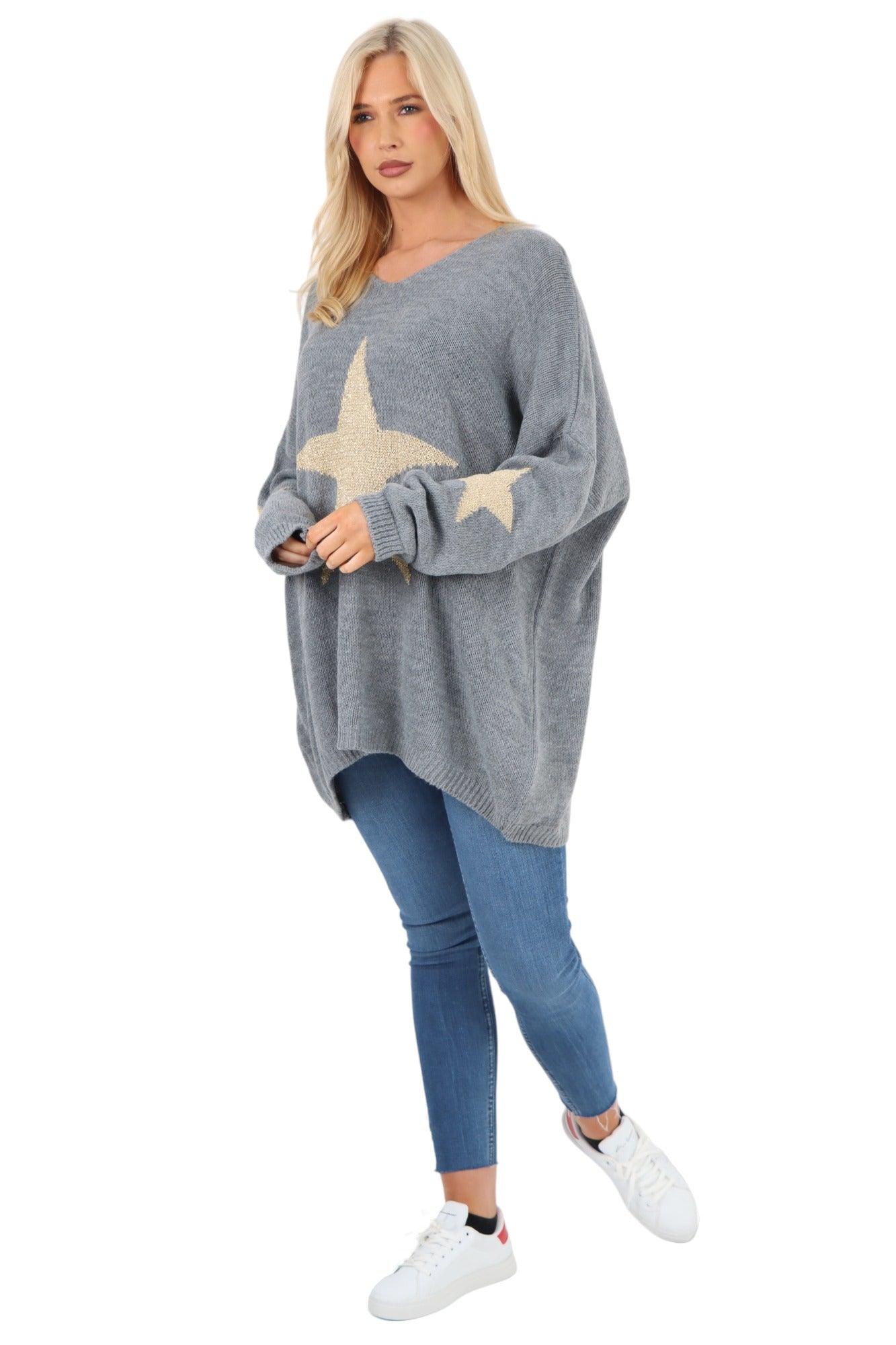 Oversized Sparkle Star Print Sleeve Knitted Jumper Top