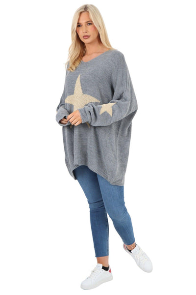 Oversized Sparkle Star Print Sleeve Knitted Jumper Top