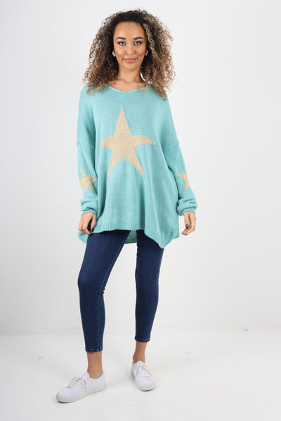 Oversized Sparkle Star Print Sleeve Knitted Jumper Top