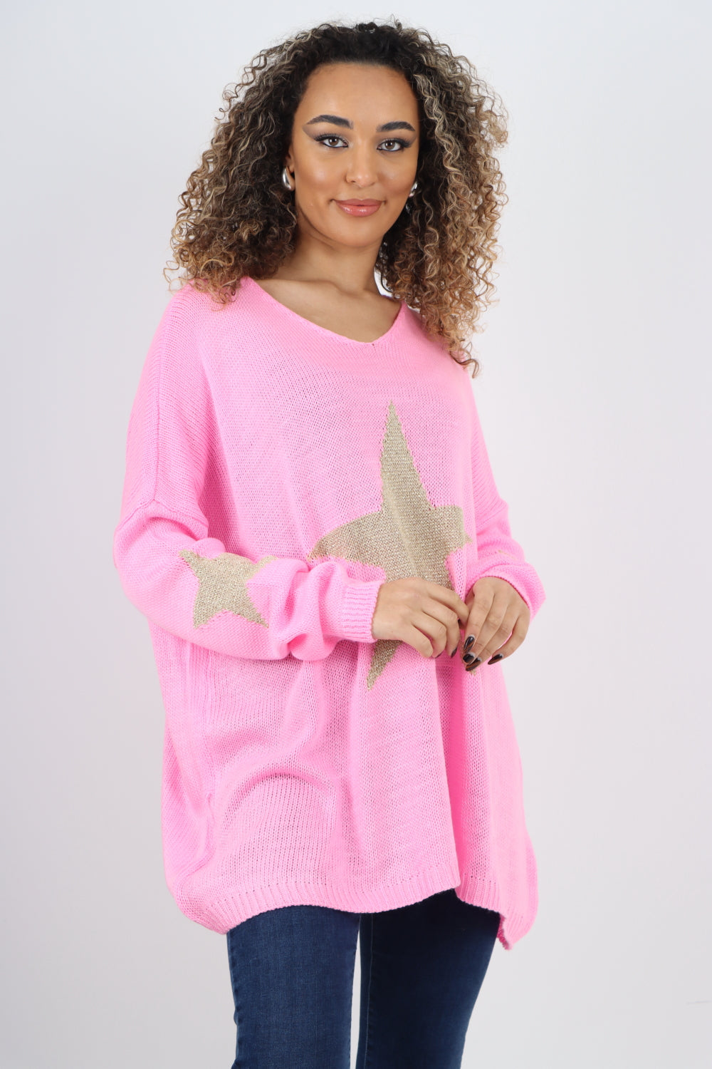 Oversized Sparkle Star Print Sleeve Knitted Jumper Top