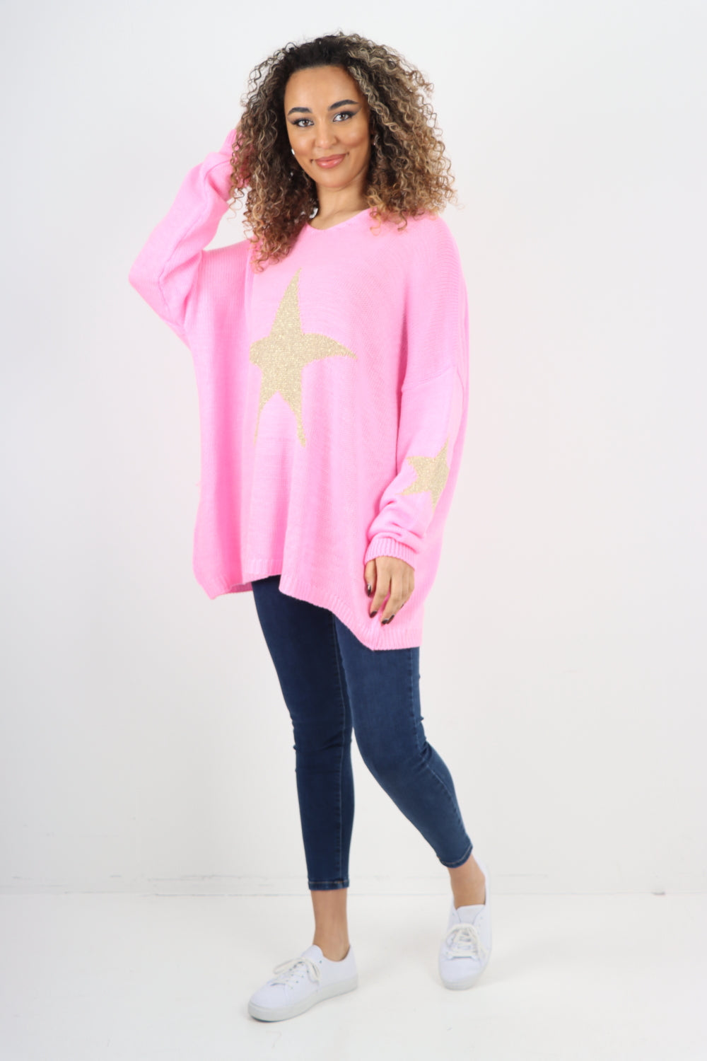 Oversized Sparkle Star Print Sleeve Knitted Jumper Top