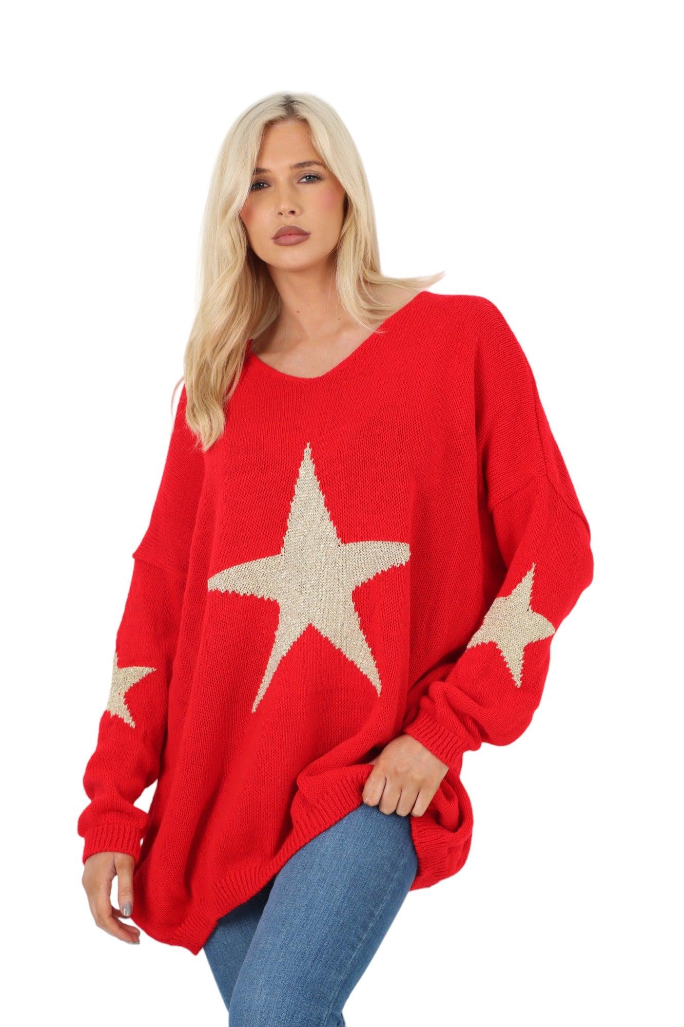 Oversized Sparkle Star Print Sleeve Knitted Jumper Top