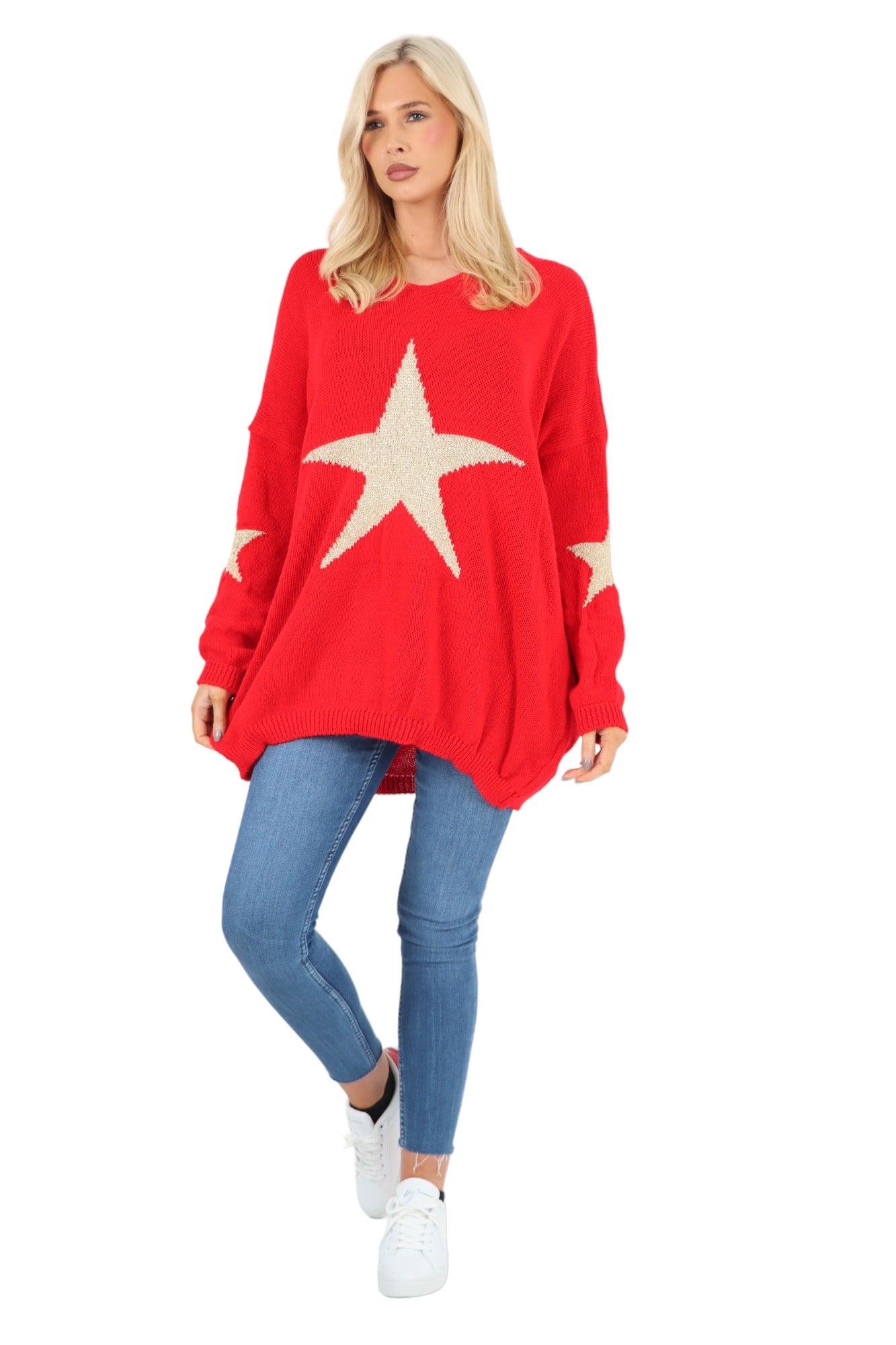 Oversized Sparkle Star Print Sleeve Knitted Jumper Top