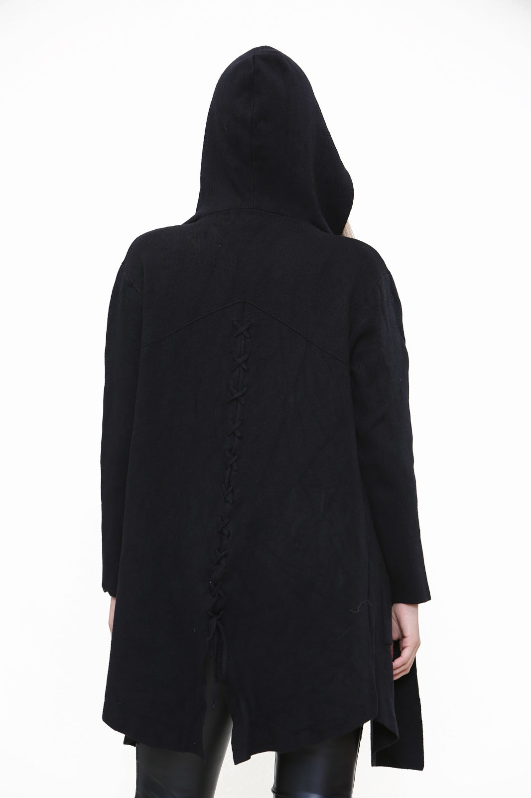 Italian Plait Back Hooded Open Front Long Cardigan