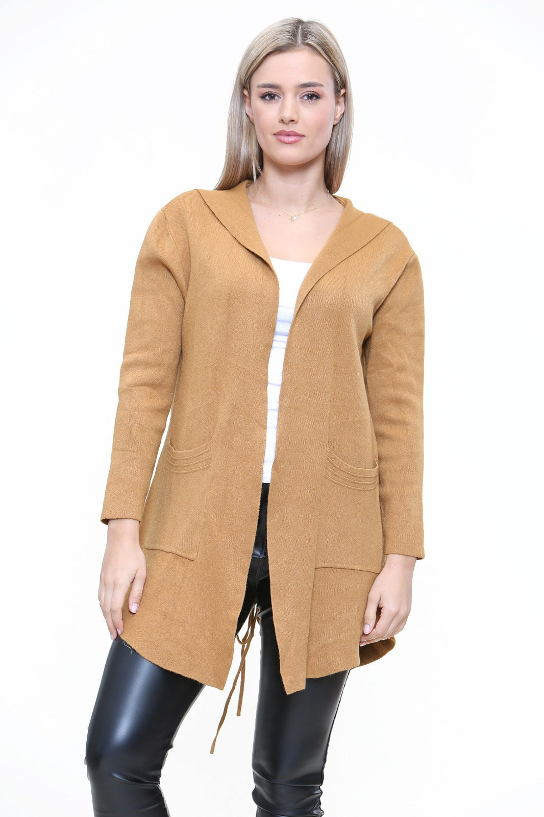 Italian Plait Back Hooded Open Front Long Cardigan