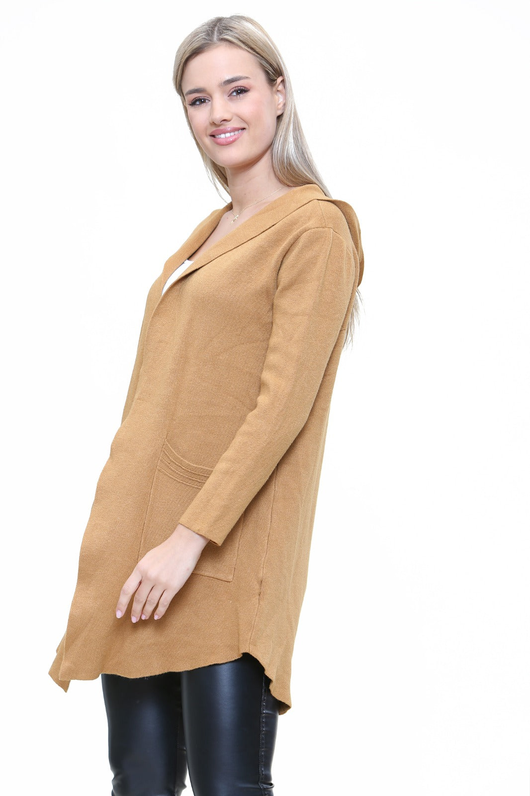 Italian Plait Back Hooded Open Front Long Cardigan