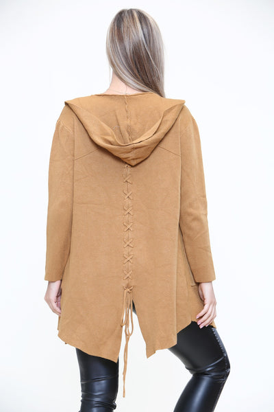 Italian Plait Back Hooded Open Front Long Cardigan