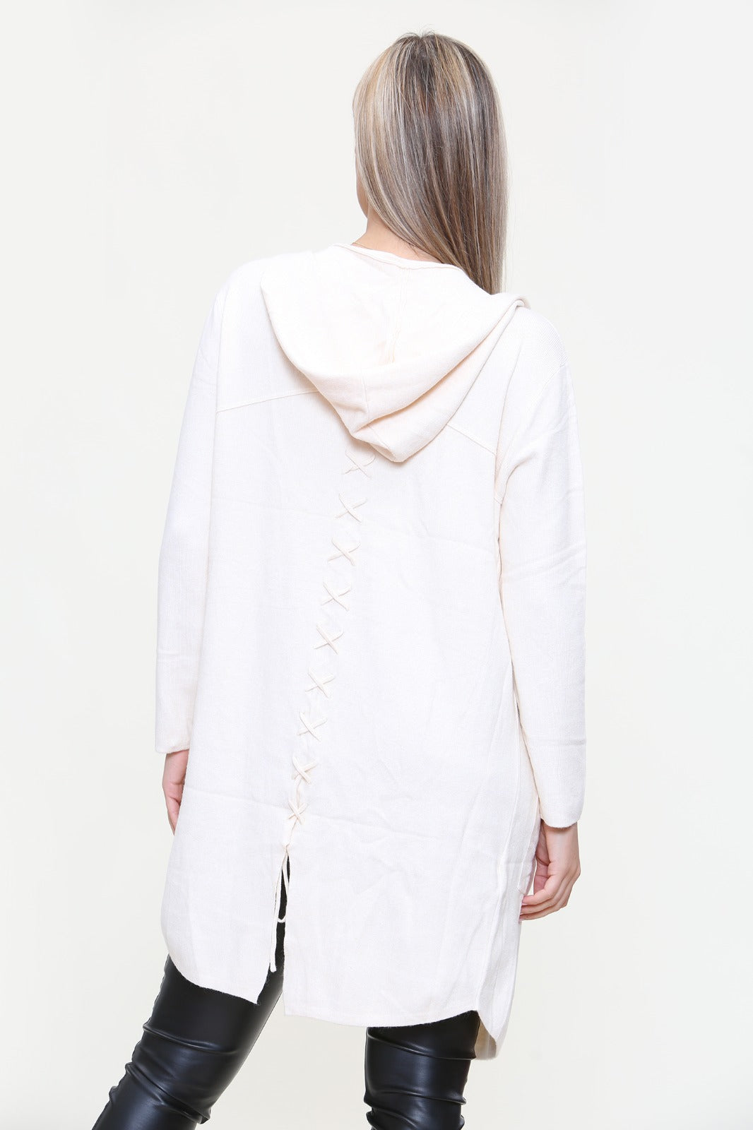 Italian Plait Back Hooded Open Front Long Cardigan