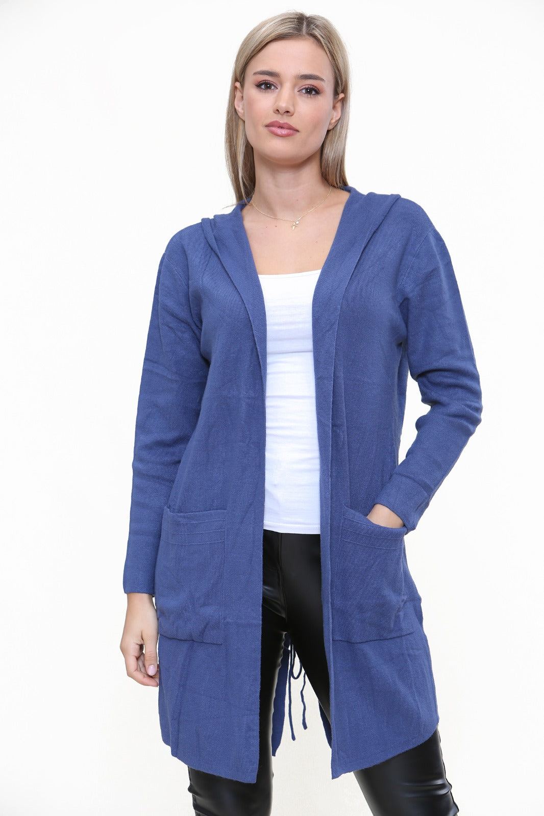 Italian Plait Back Hooded Open Front Long Cardigan