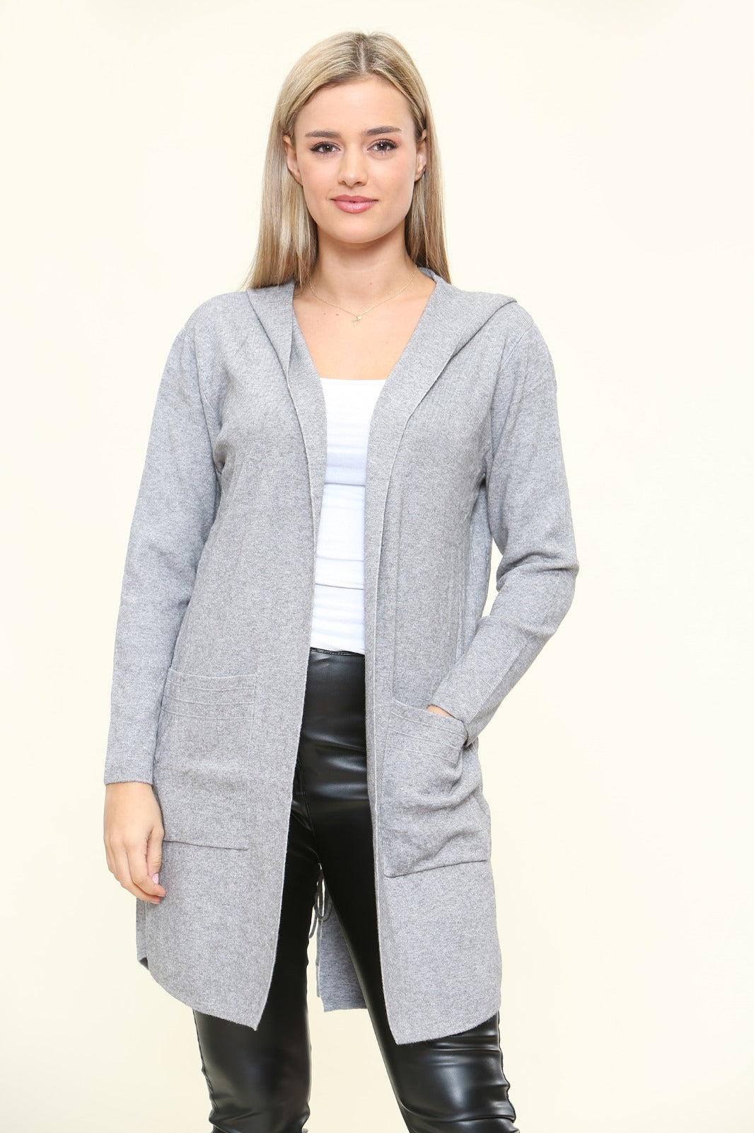 Italian Plait Back Hooded Open Front Long Cardigan