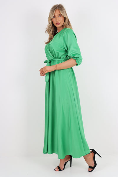 Italian Satin Wrap Over Belted Maxi Dress