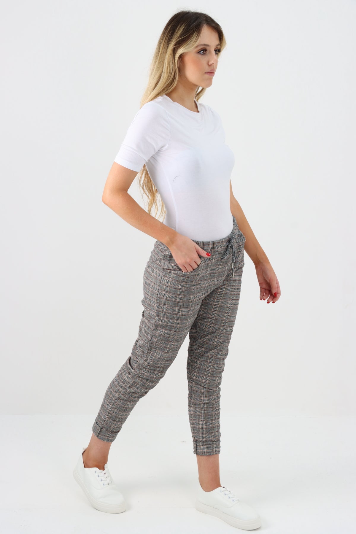 Italian Checked Print Stretch Magic Pants