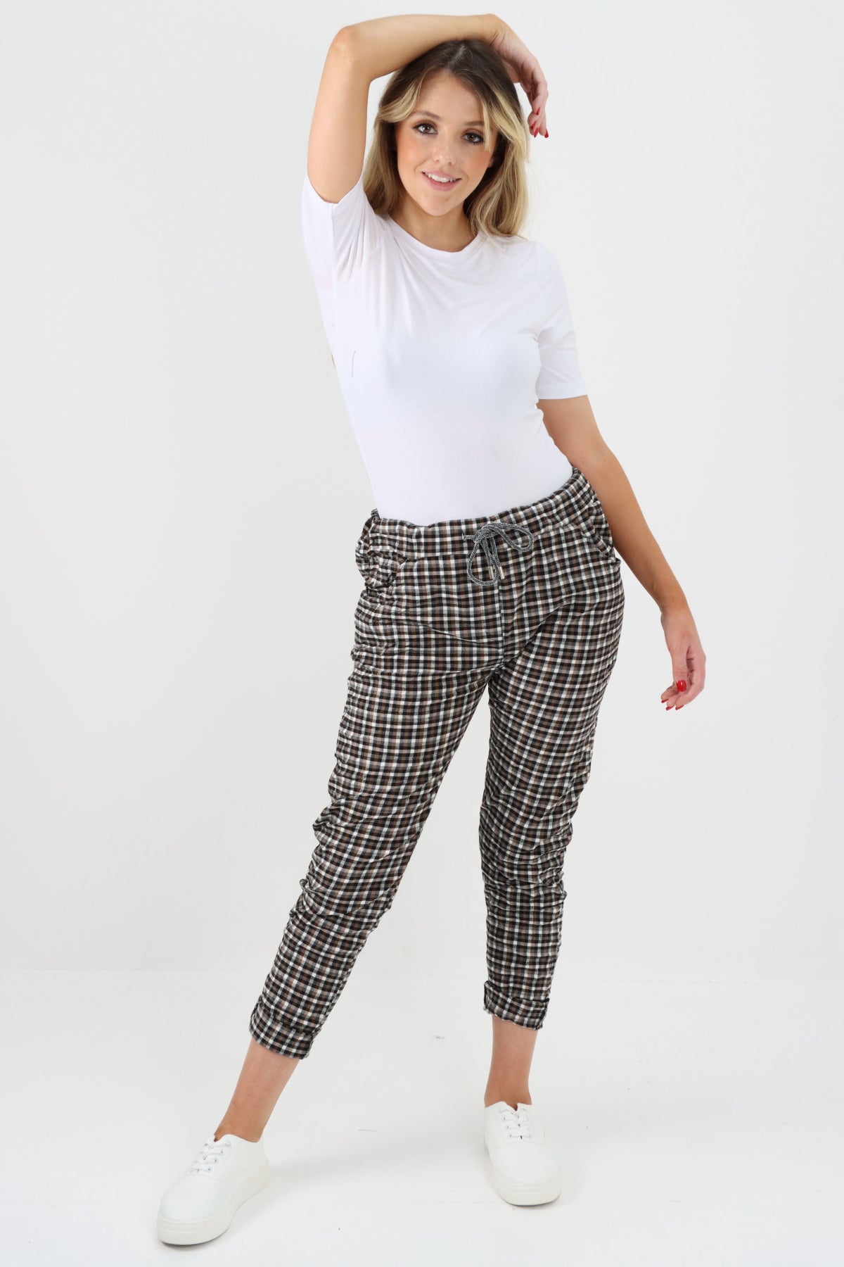 Italian Checked Print Stretch Magic Pants