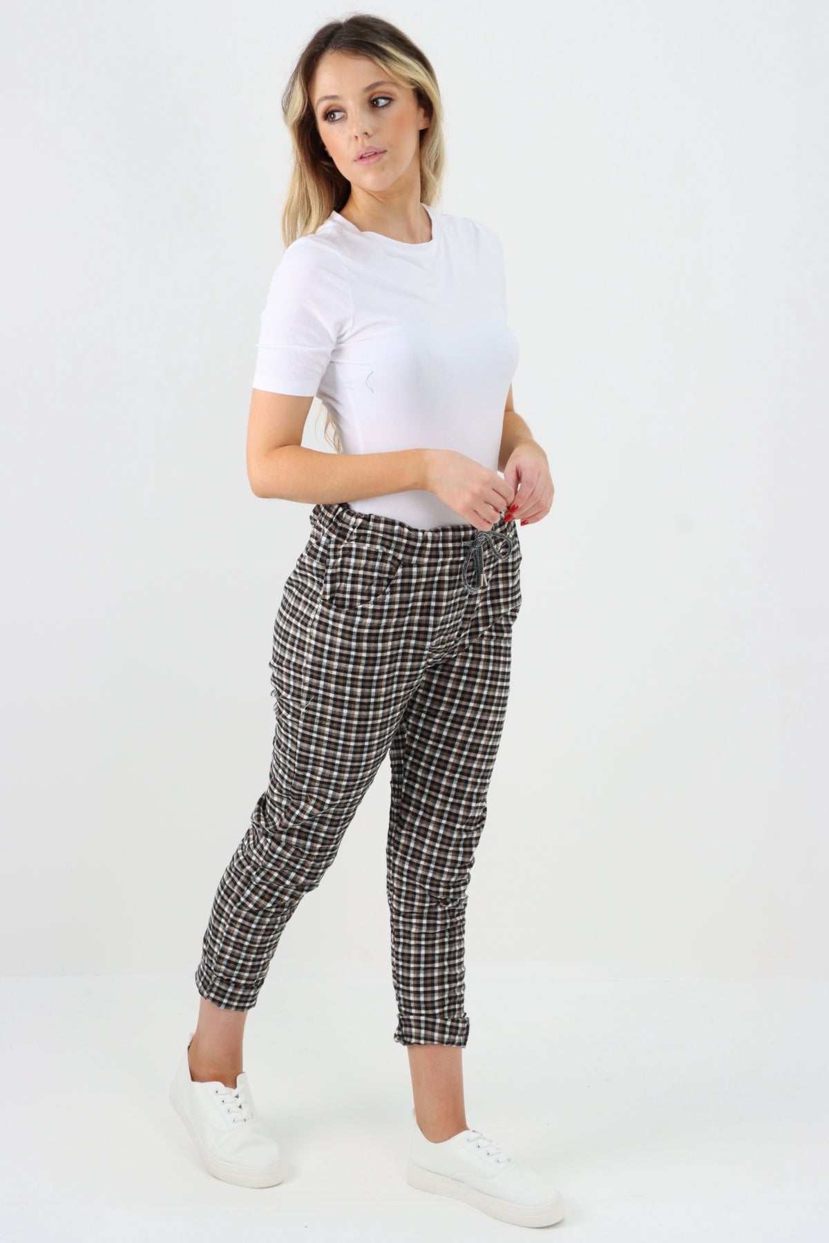 Italian Checked Print Stretch Magic Pants