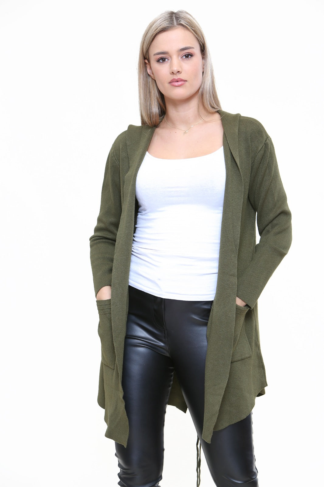 Italian Plait Back Hooded Open Front Long Cardigan