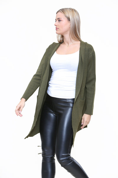 Italian Plait Back Hooded Open Front Long Cardigan