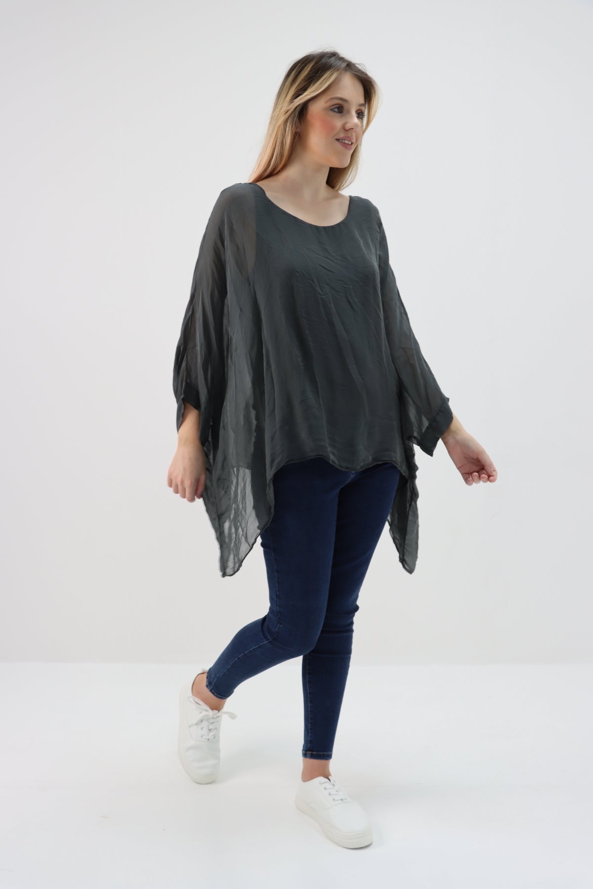 Italian Plain Batwing Silk Tunic Top